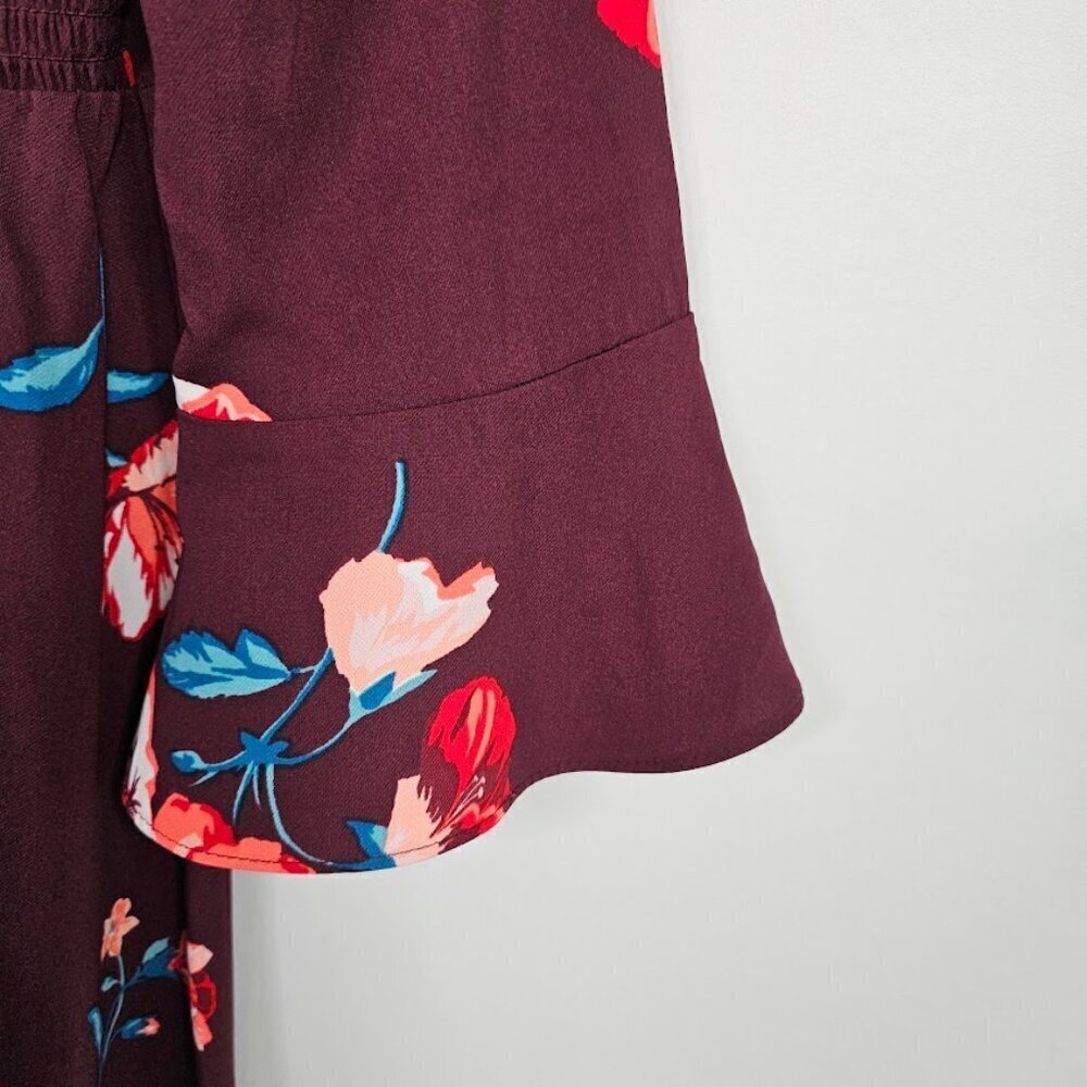 OLD NAVY Fit & Flare Dress size L Long Flute Sleeves BURGUNDY RED Floral Cute! - Picture 9 of 11